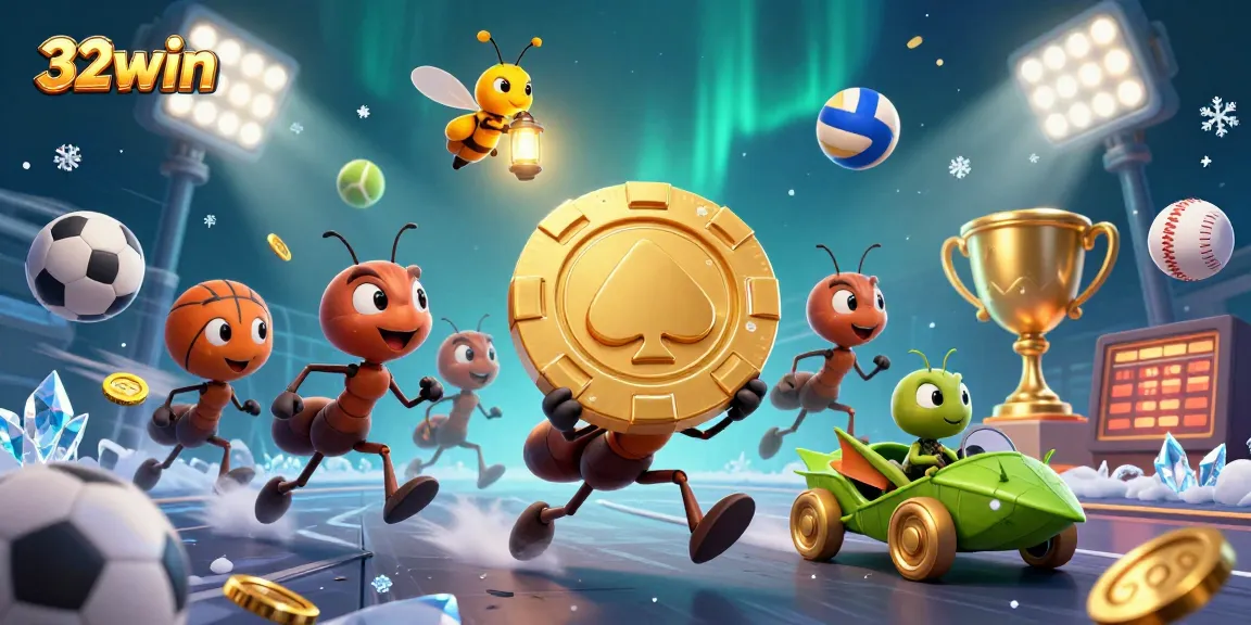 32win showcases a vibrant scene with colorful sports elements and characters illustrating an exciting online gambling experience.