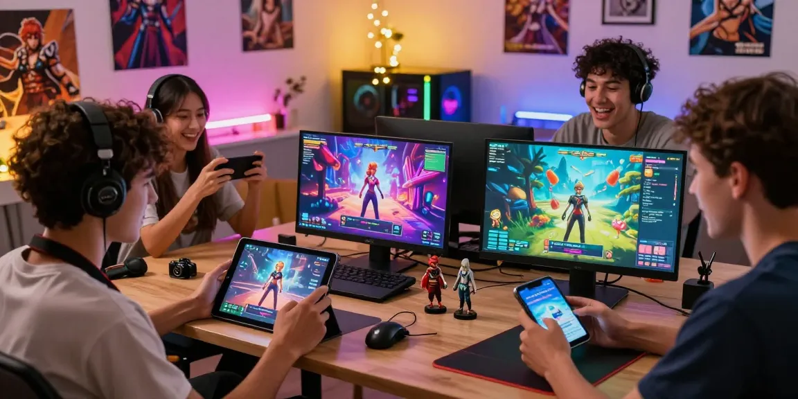 Players enjoying hentai games online in a cozy gaming space filled with devices and vibrant decor, showcasing multiplayer fun.