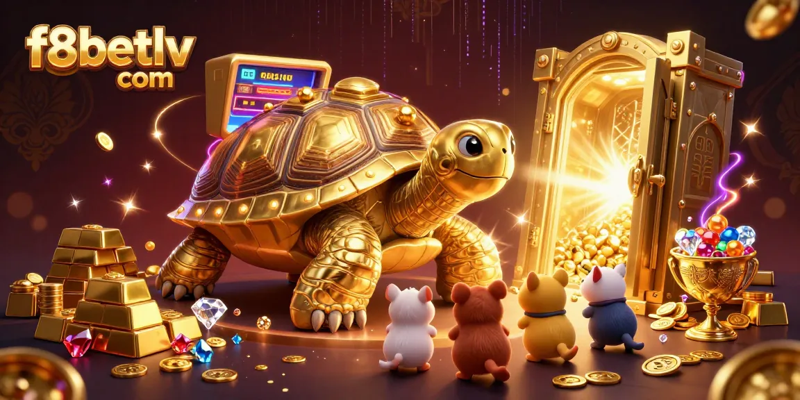 Engage in gaming excitement at f8betlv com with a golden tortoise pinball machine amidst treasures.