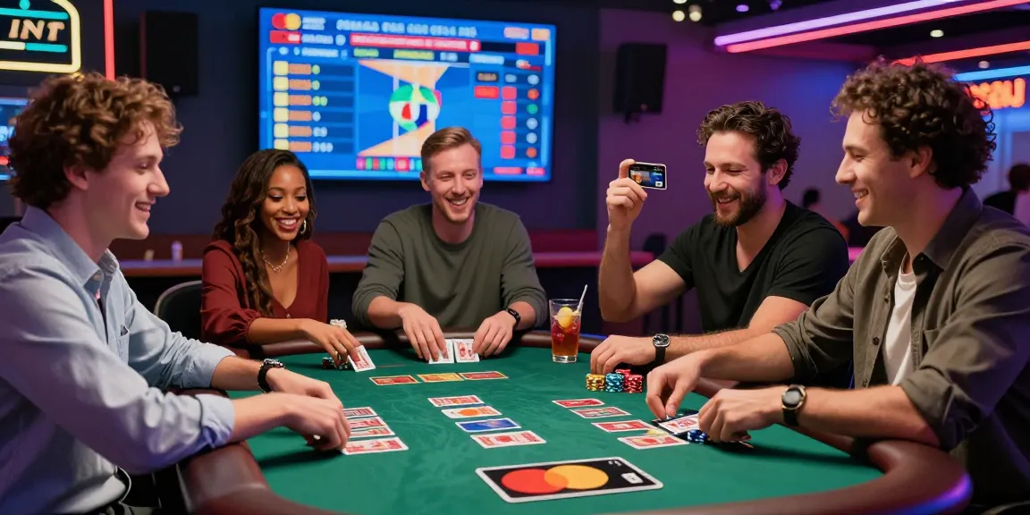 Exciting gaming atmosphere at credit card casinos like https://troyuk.co.uk, featuring players engaged in card games with vibrant neon lighting.