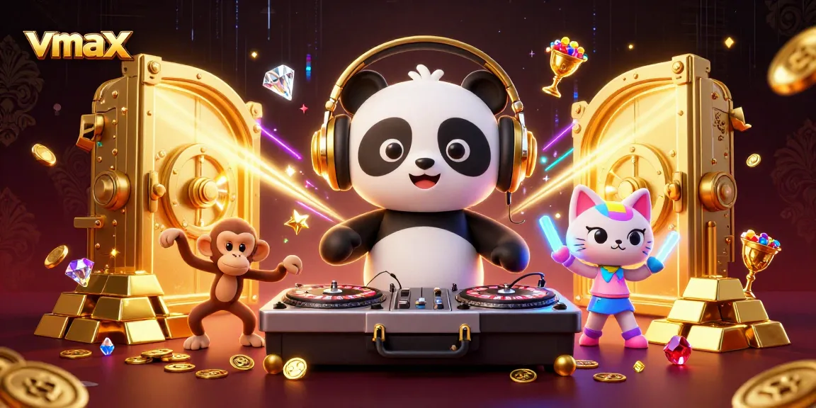 Win big at vmax with an electrifying casino scene featuring a 3D DJ panda and vibrant elements.