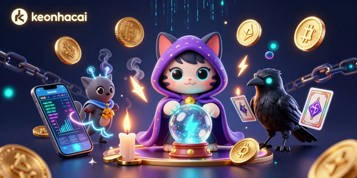 Engage with the mesmerizing keonhacai scene featuring a mystic cat, glowing tarot raven, and vivid crypto elements.