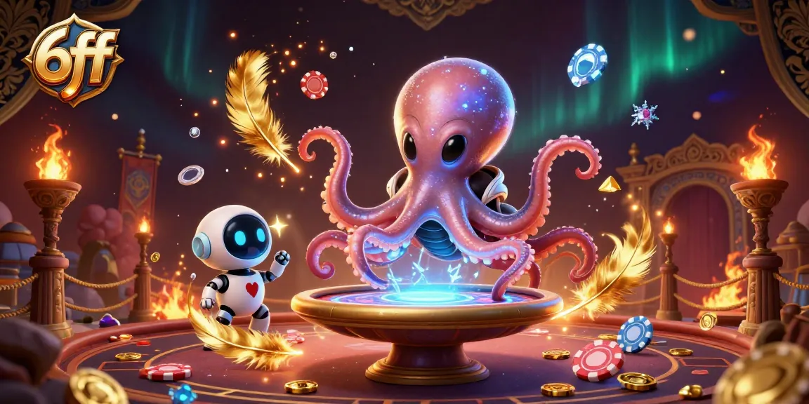 Engage with 6ff's vibrant online casino experience featuring a playful alien octopus and robot at a poker table.