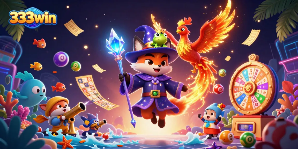 Engage with 333win as the mystical wizard fox and phoenix illuminate a vibrant casino scene with dynamic elements.
