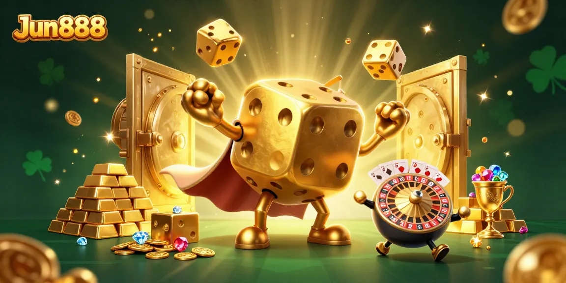 Experience thrilling gaming with Jun888's golden dice, jewels, and vibrant casino elements.