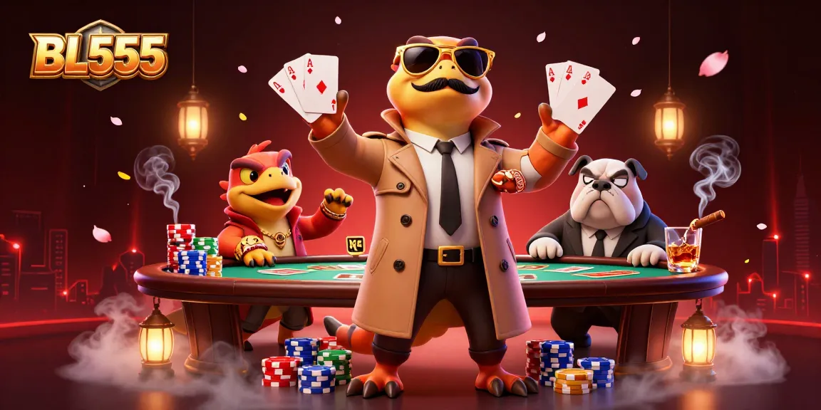 Experience thrilling poker action with BL555 featuring cartoon raptors and a suspicious bulldog bouncer.