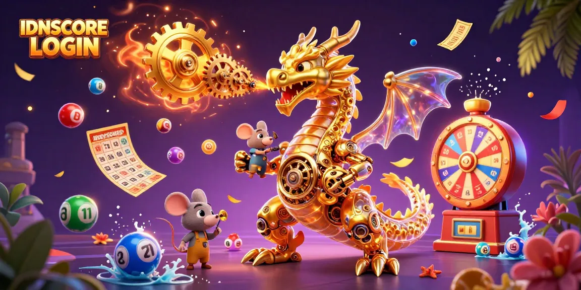 IDNSCORE LOGIN showcases vibrant gaming energy with a golden dragon and colorful elements.