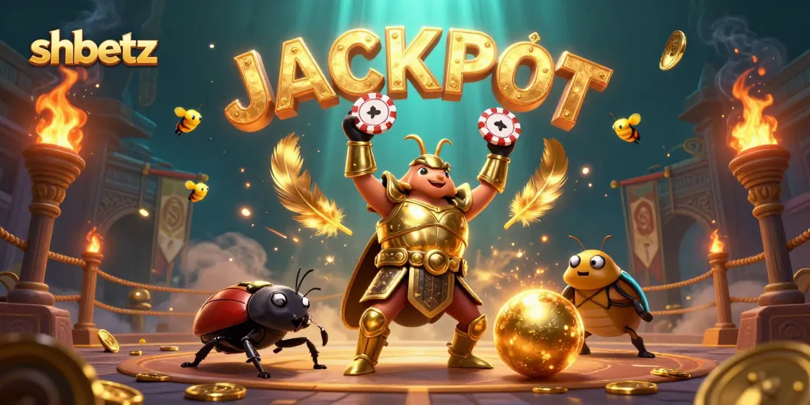 Spin to win at SHBETZ with a golden beetle lifting a poker chip amidst vibrant casino elements.