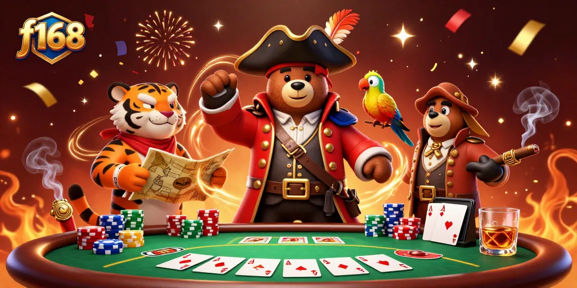 Experience the excitement of f168 with a vibrant 3D casino scene featuring poker action and colorful characters.