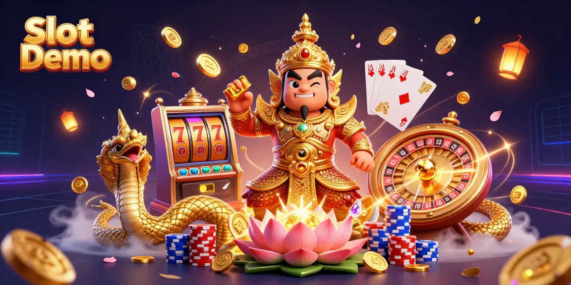 Spin the Slot Demo reels in this vibrant 3D illustration with exciting casino elements around.