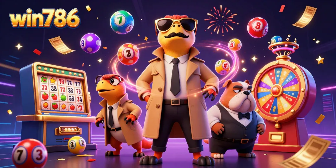 Experience win786 excitement as cartoon raptors and a bulldog bouncer navigate a vibrant casino scene.
