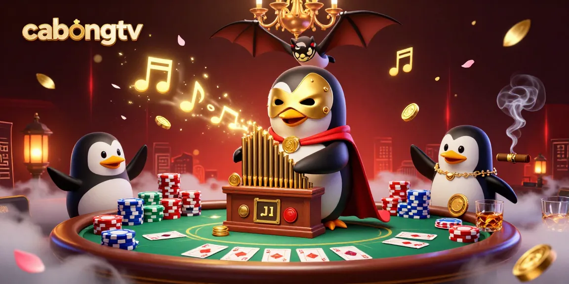 Experience cabongtv's thrilling action as a unique penguin character plays a winning organ amidst a poker scene.