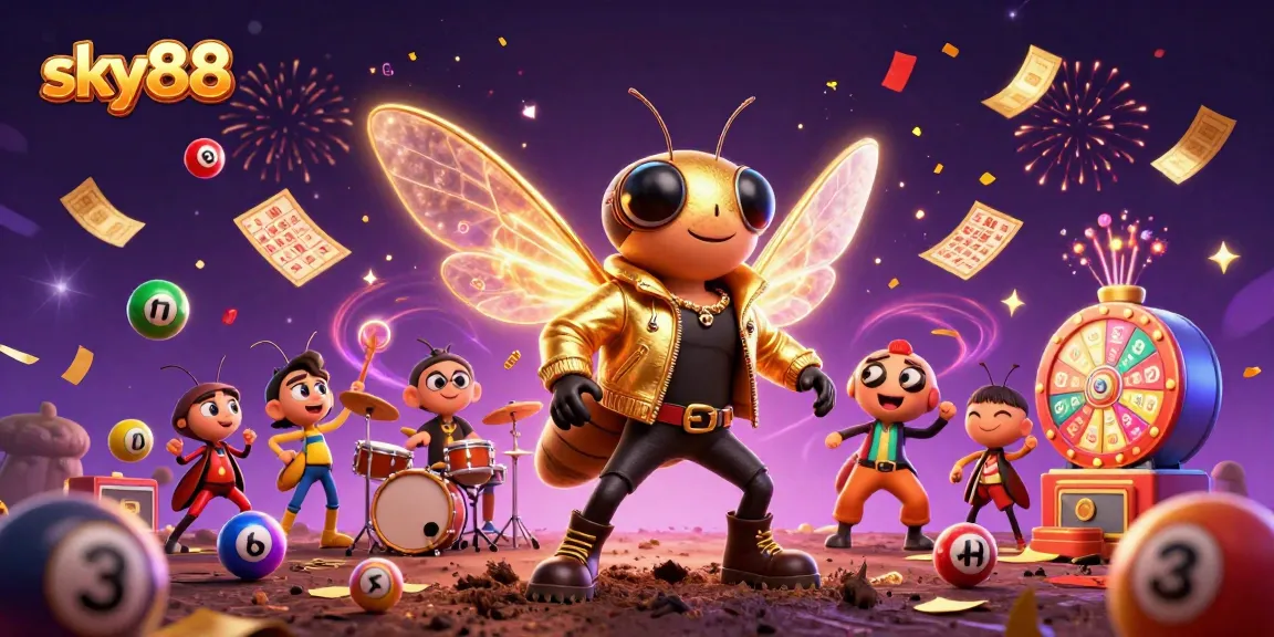 Win big at sky88 with a vibrant scene of colorful lottery elements and dynamic characters.