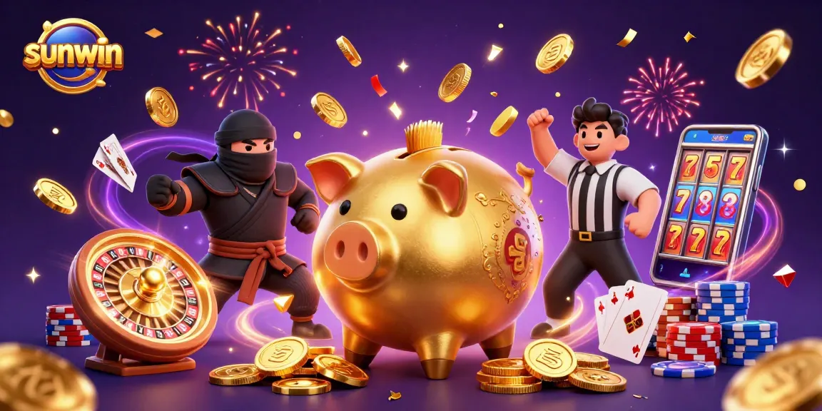 Engage with sunwin as a lively 3D scene featuring a golden piggy bank sumo wrestler amidst a vibrant casino atmosphere.