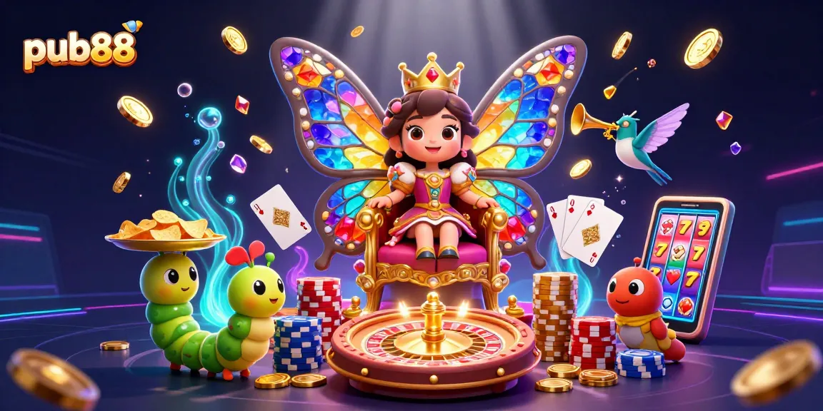 Experience thrilling wins at pub88 with a vibrant 3D casino scene filled with games and treasures.