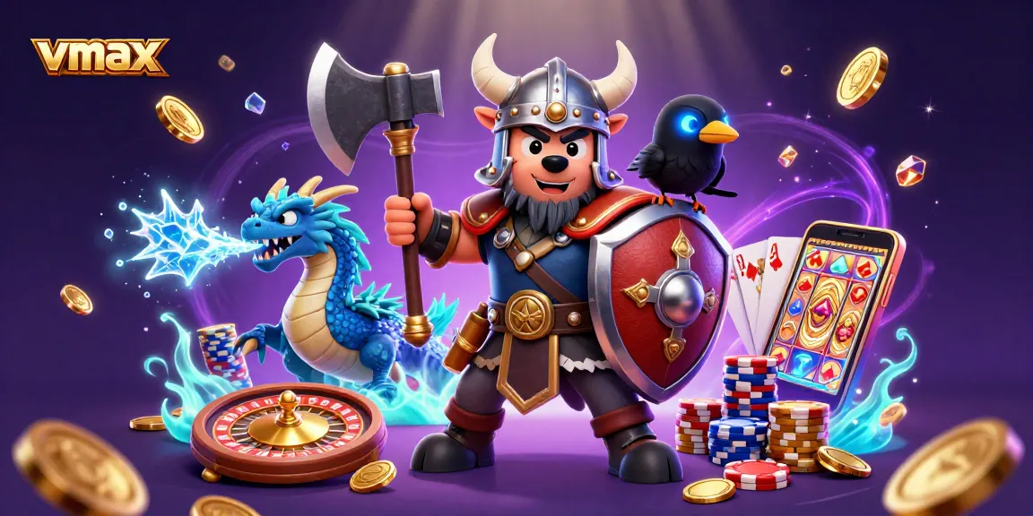 Engage in thrilling vmax casino experiences with Viking warrior and dragon, surrounded by vibrant gambling elements.
