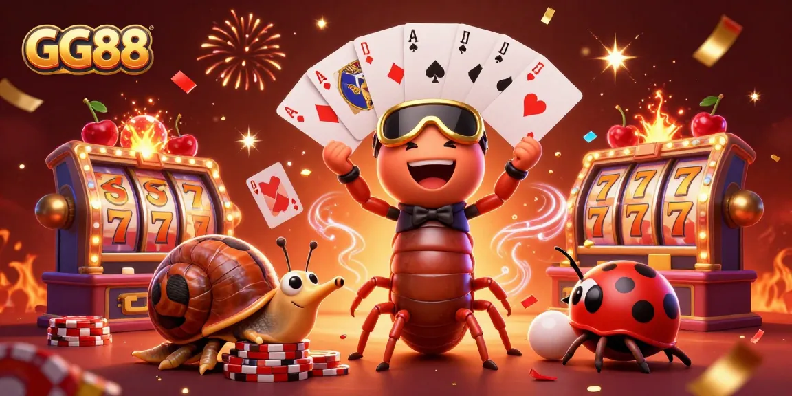 Experience the excitement at GG88 with a vibrant casino illustration featuring a millipede dealer and thrilling slot games.