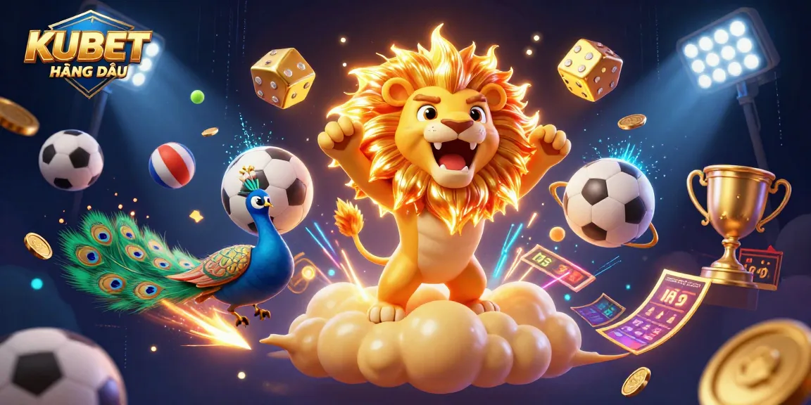 KUBET HÀNG ĐẦU showcases vibrant 3D casino gaming elements and characters in a dynamic digital atmosphere.