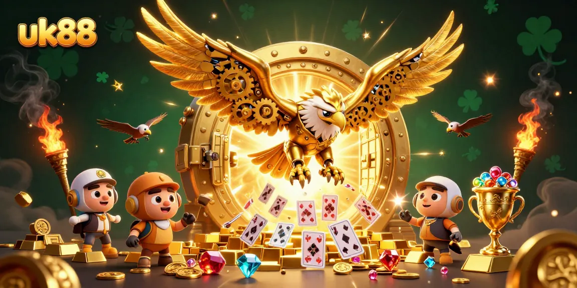 Experience the thrill of uk88's casino adventure with a majestic golden eagle amidst dazzling treasures.