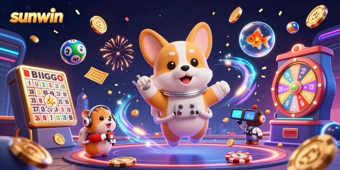 Join the excitement at sunwin with floating corgi and colorful gambling elements in space.