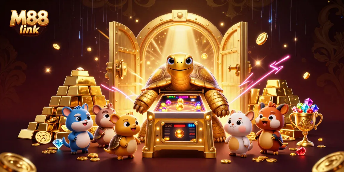 Play at M88 link with a fun casino scene featuring a giant tortoise and treasure.