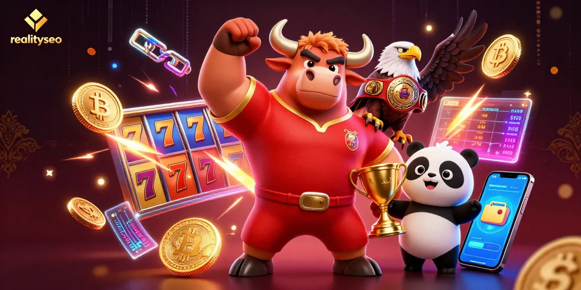 Engage with realityseo's vibrant online casino experience featuring a cheerful panda, bull, and eagle amidst slot games.
