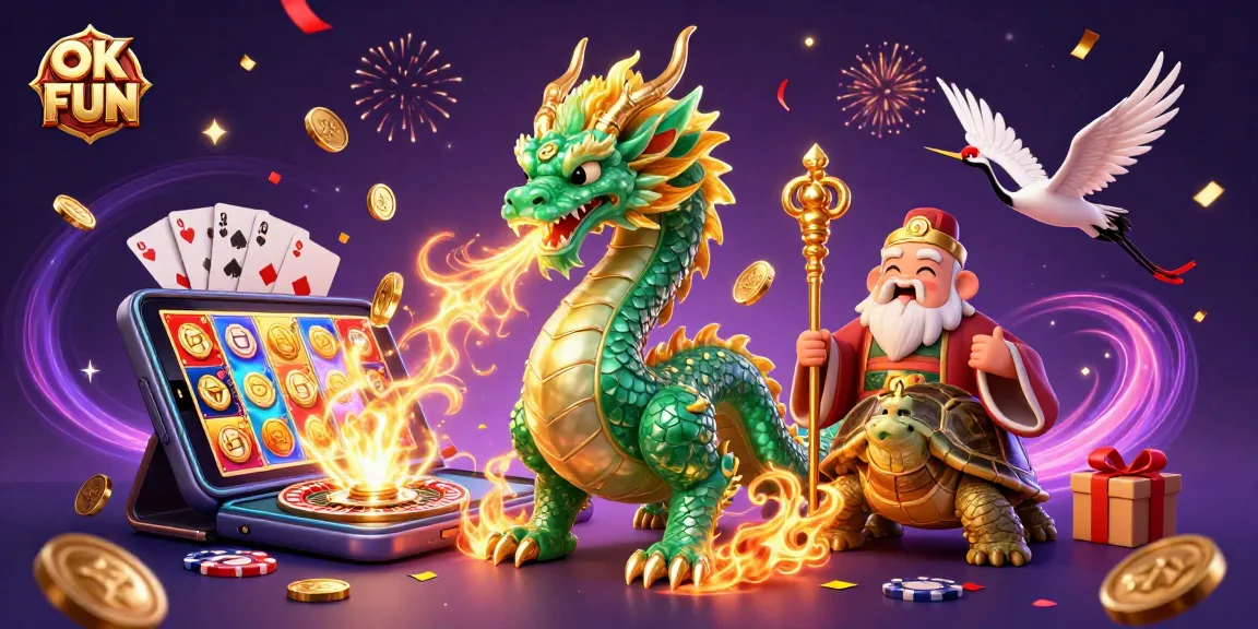Experience the thrilling energy of OK FUN with a jade dragon, turtle sage, and lucky cranes in a vibrant casino scene.