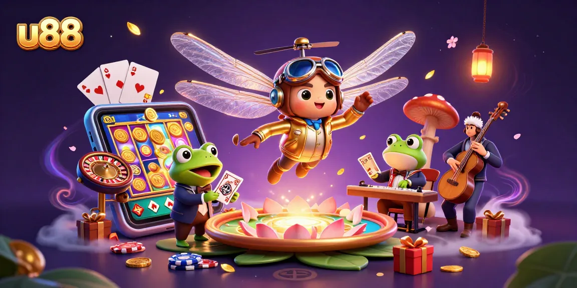 u88 thrills in a vibrant casino scene, where a croupier deals cards amidst dynamic slot game action.