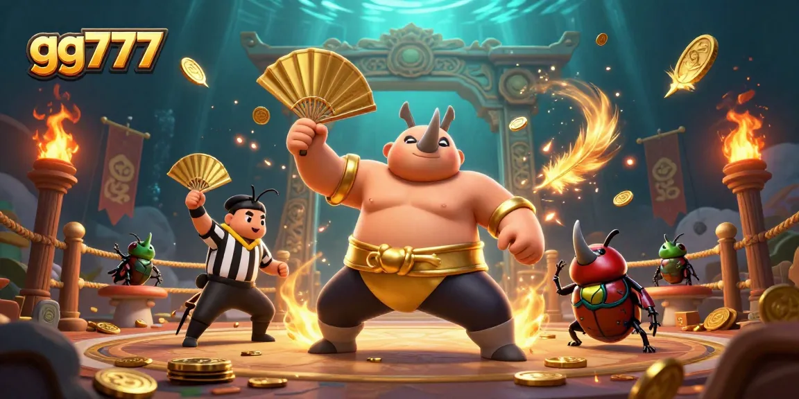 Experience thrilling moments at gg777 with a 3D sumo beetle champion surrounded by coins, bets, and fans.