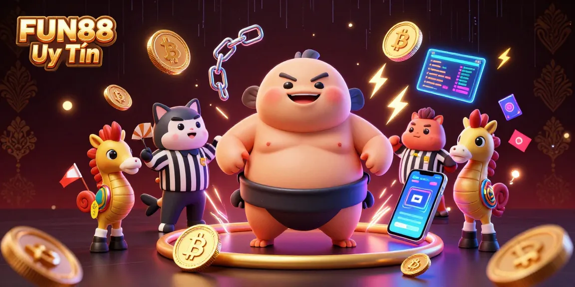 Bet on FUN88 Uy Tín with vibrant casino-themed characters and crypto elements in a colorful scene.