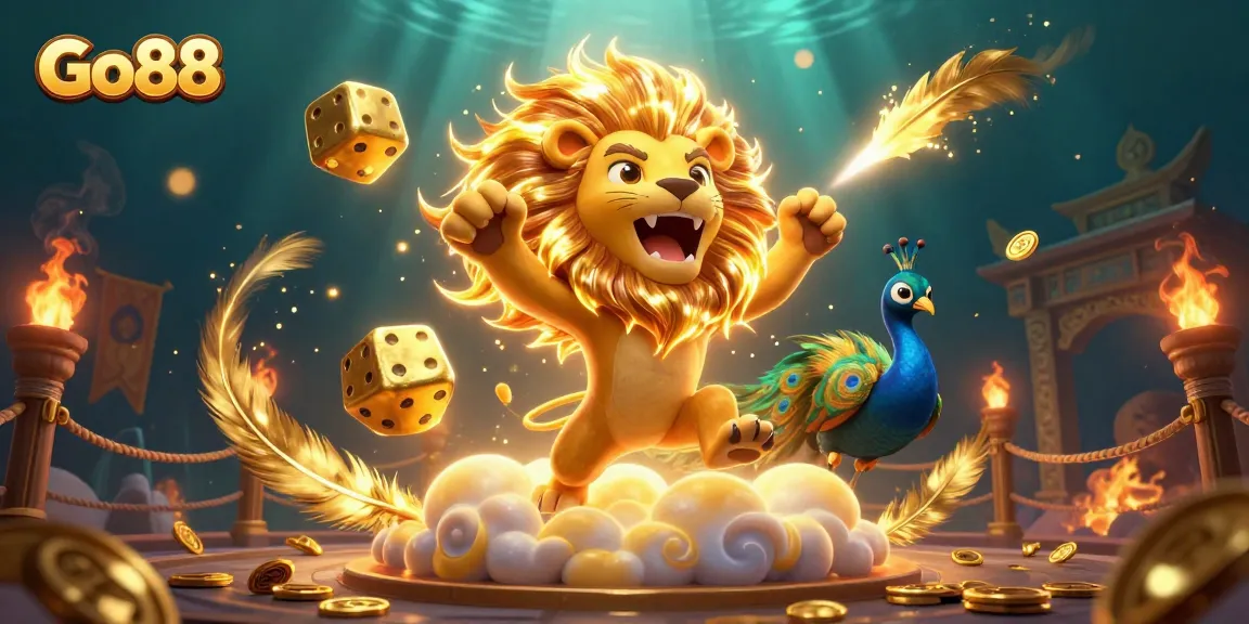 Go88 players enjoy thrilling gaming experiences in a vibrant casino illustration filled with gold coins and dice.