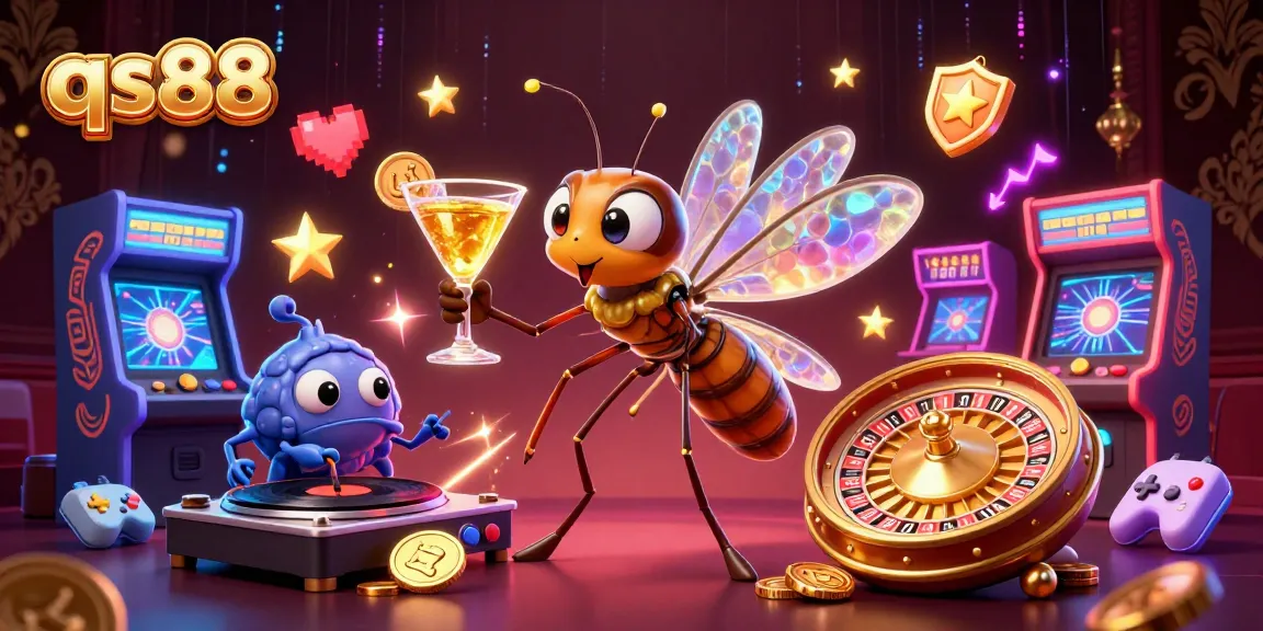 Engage with the dynamic qs88 scene featuring a casino mascot and fossil DJ in a vibrant gaming atmosphere.