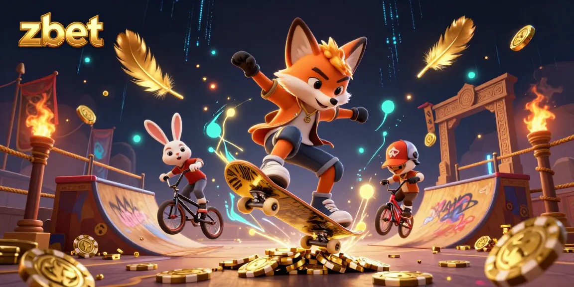 Experience thrill with zbet as the skateboarder fox performs tricks over poker chips, embodying the excitement of online gambling.