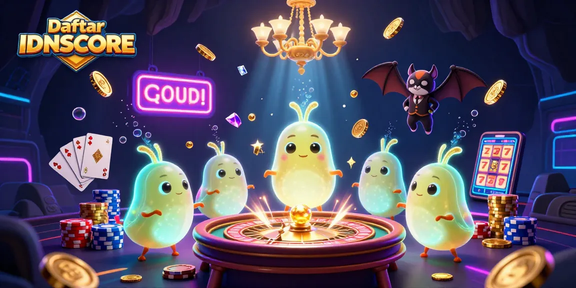 Engage with Daftar IDNSCORE in a vibrant casino scene, featuring glowworms lighting up vibrant game elements.