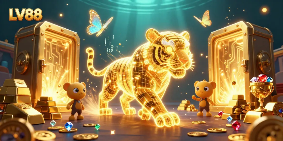 Experience LV88's thrilling gaming world with a neon golden tiger amidst treasure and games.