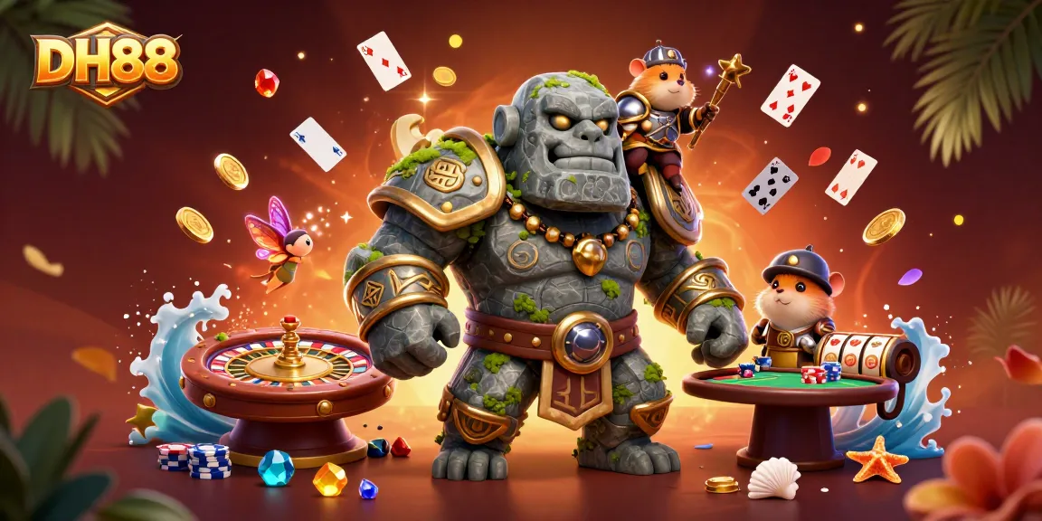 Engage with thrilling casino action at DH88 featuring a cluster of game elements and vibrant characters.