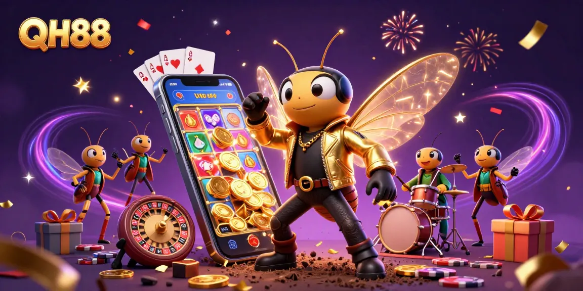 Experience QH88's dynamic casino world with a 3D rock star and vibrant gaming elements featured.