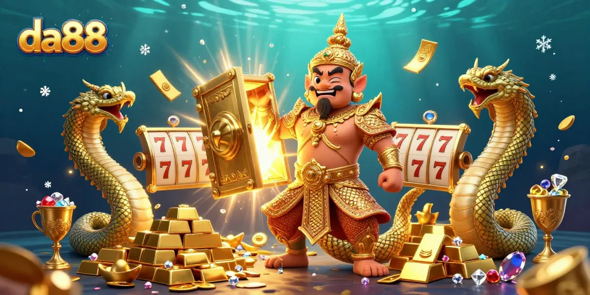 Experience thrilling slots with da88, featuring a lively scene of a temple guardian and exciting game elements.