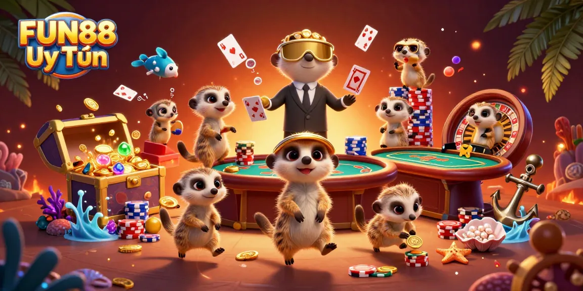 Experience the excitement of FUN88 Uy Tín with meerkats engaged in a vibrant casino scene.