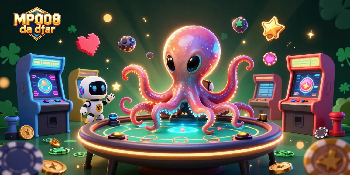 MPO08 daftar features an alien octopus at a holographic poker table, surrounded by vibrant casino elements.