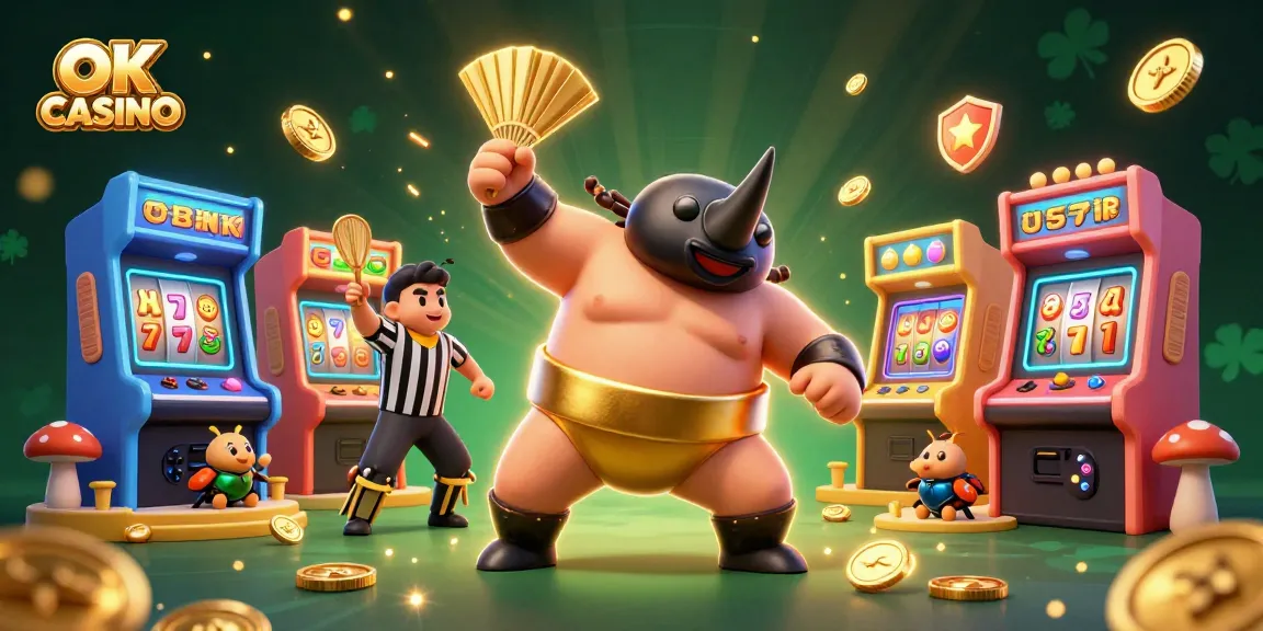 Experience exciting gameplay at OK CASINO with golden coins flying from a powerful sumo champion!