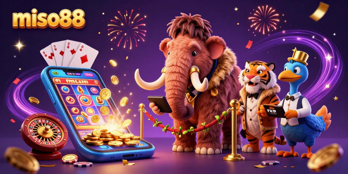 Experience the exciting world of miso88 with a celebratory scene featuring a woolly mammoth bouncer, saber-tooth VIP, and dodo doorman amidst casino elements.