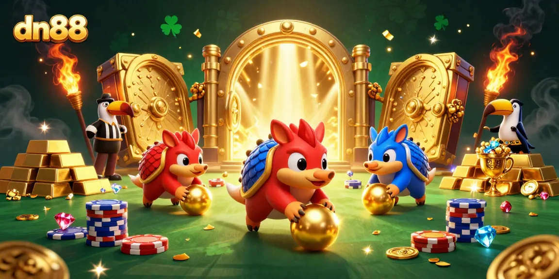 Interact with exciting games at dn88, where rival pangolins roll through poker chips in a vibrant casino scene.