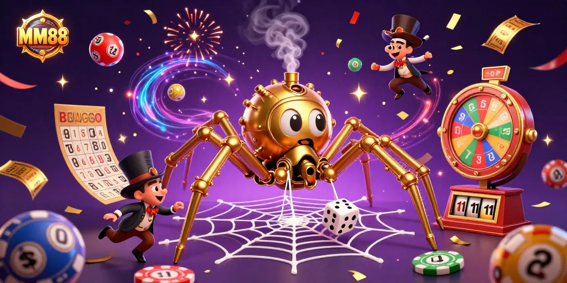 Experience thrilling game moments with MM88's steampunk spider webbing together lottery balls and casino prizes.