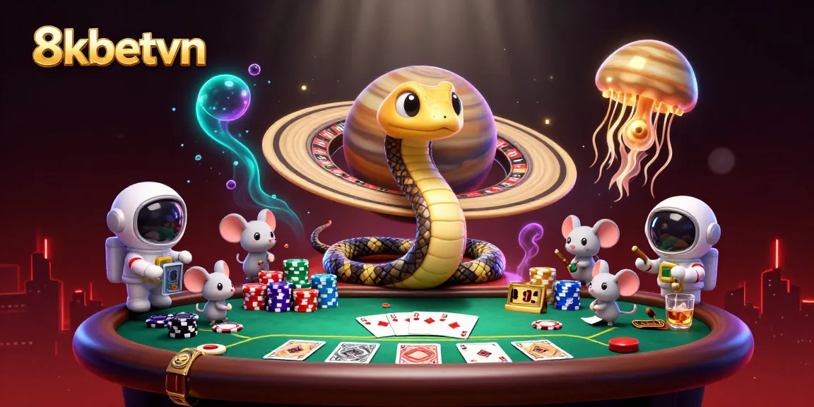 Engage in thrilling cosmic betting adventures with 8kbetvn's vibrant illustration of an intergalactic casino scene.