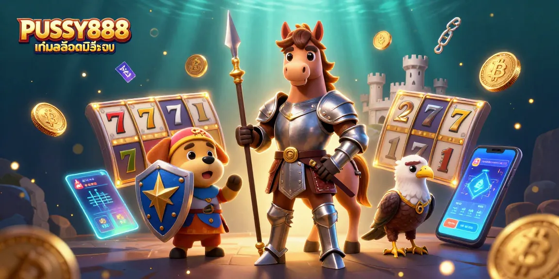 PUSSY888 เกมสล็อตมือถือ showcases an exciting medieval casino scene with knights and cartoon elements, perfect for online gambling.