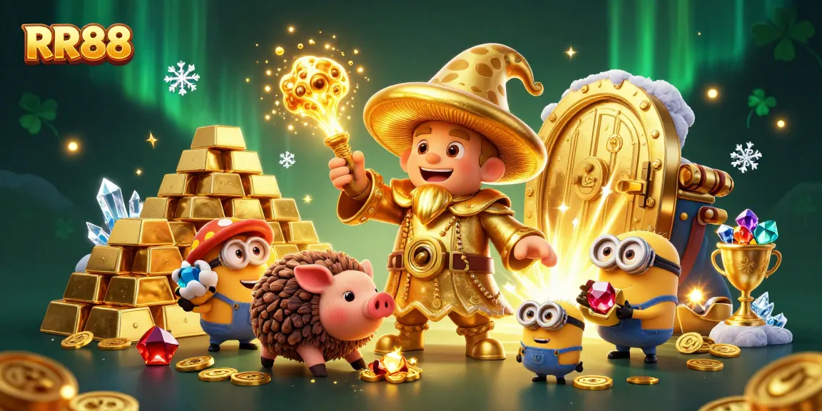 Experience magic with RR88, where a golden mushroom wizard reveals treasures and gemstones in a vibrant casino scene.
