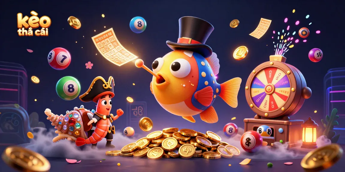 Engage with kèo nhà cái as a 3D anglerfish attracts coins while festive lottery elements bounce around.