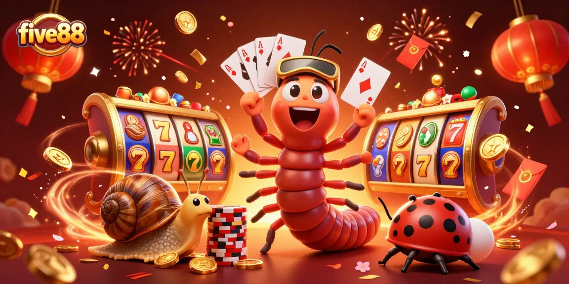 Experience thrilling five88 casino action with a lively cartoon dealer and high-rolling snail amidst vibrant slot games.
