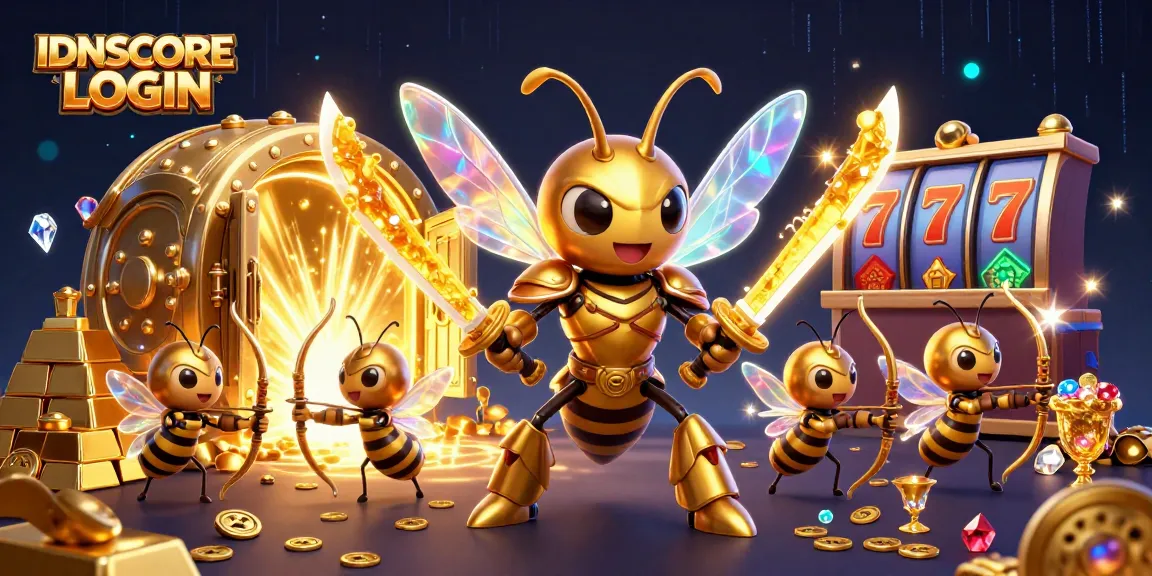 Experience the thrill of IDNSCORE LOGIN with an engaging illustration of samurai hornet warriors amidst casino riches.